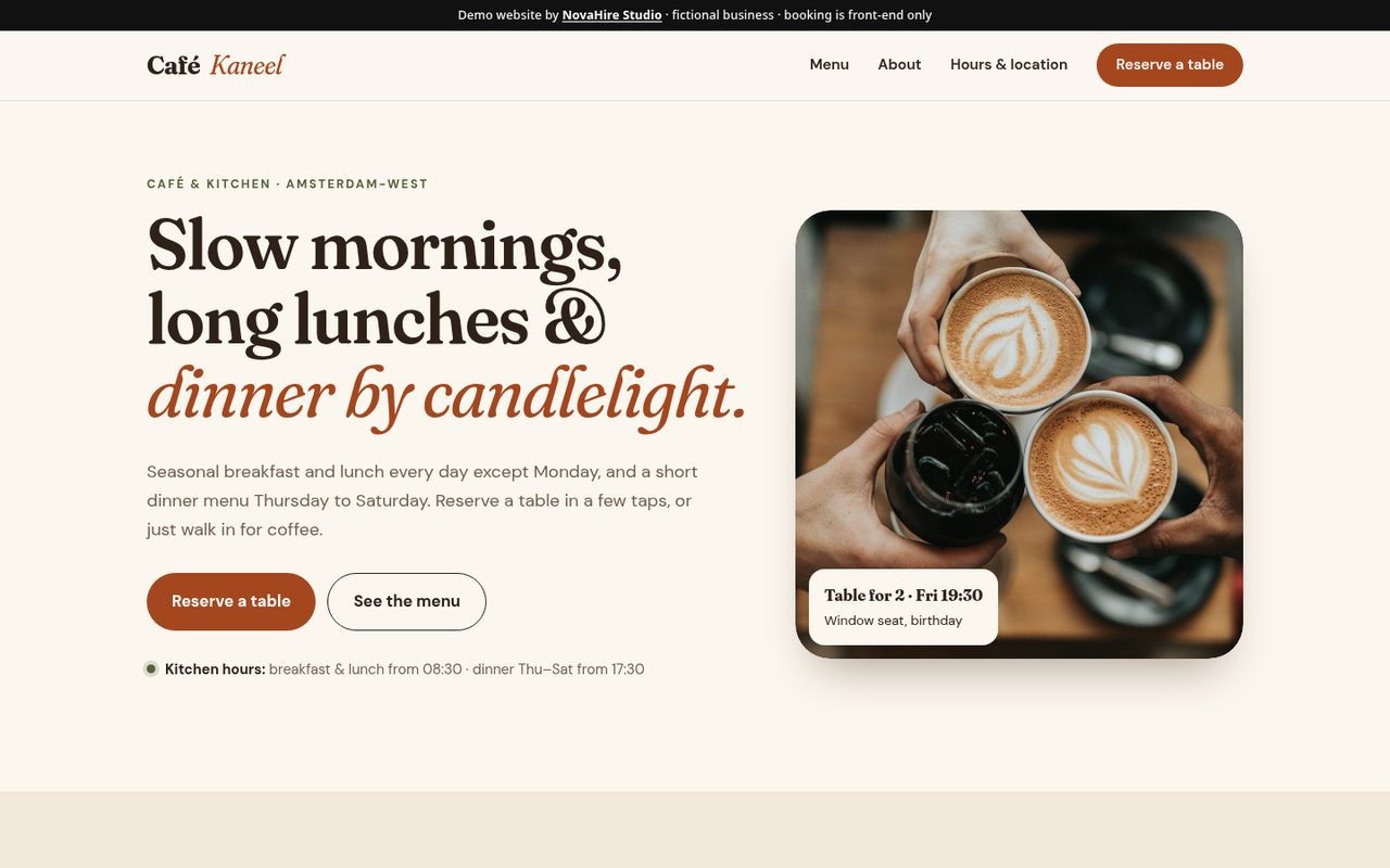 Screenshot of the Café Kaneel demo website