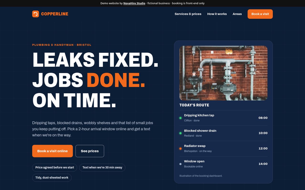 Screenshot of the Copperline Plumbing & Handyman demo website