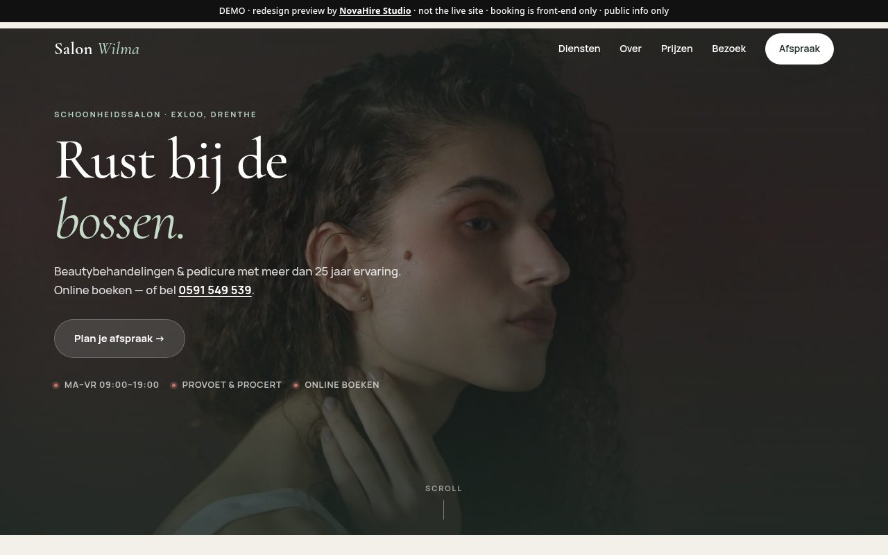 Screenshot of the Schoonheidssalon Wilma demo redesign